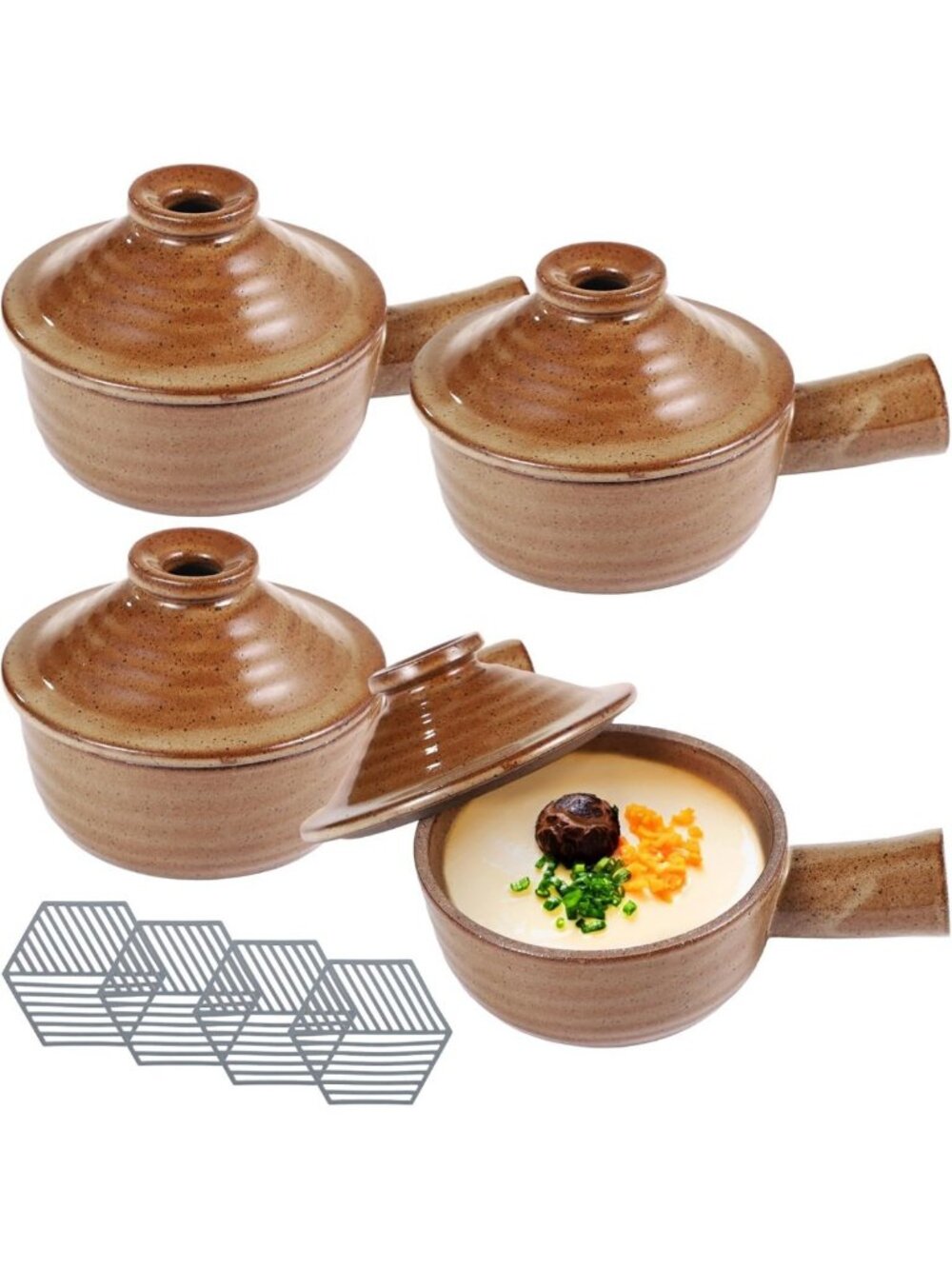 4 Ceramic Egg Cookers with Silicone Pads, Microwave & Oven Safe, Poachers